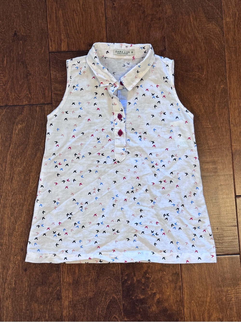 Zara Girls Sleeveless Polo Tank Top - White with Multicolor Birds - Size 2